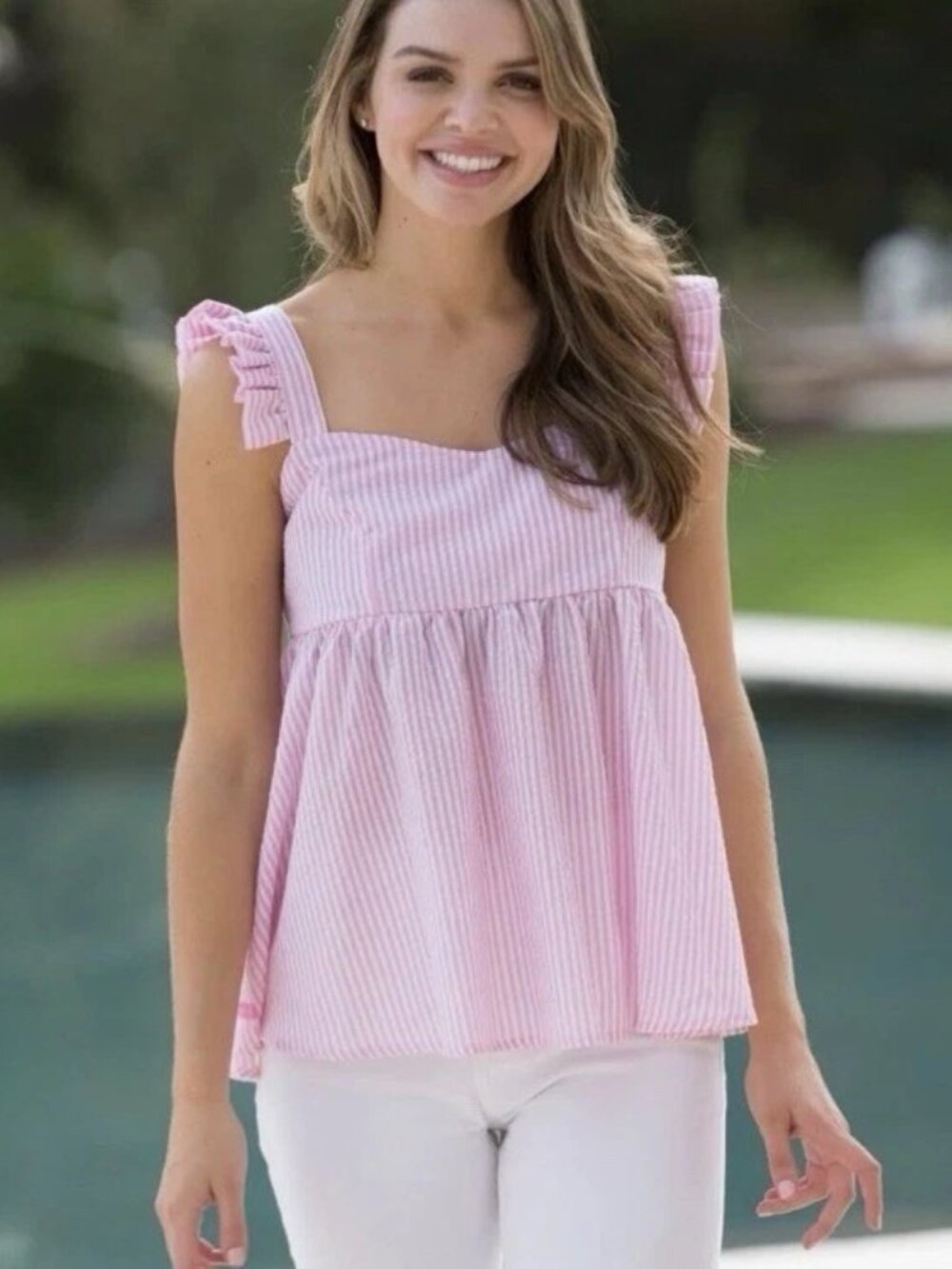 Simply Southern Women’s XL Pink White Stripe Seersucker Ruffle Tank Top